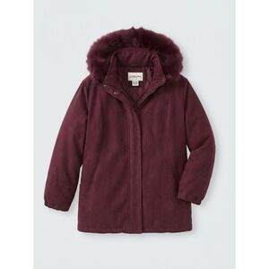 St. Johns Bay Burgundy Faux Suede Parka Fox Fur Trim Hooded Jacket XL
